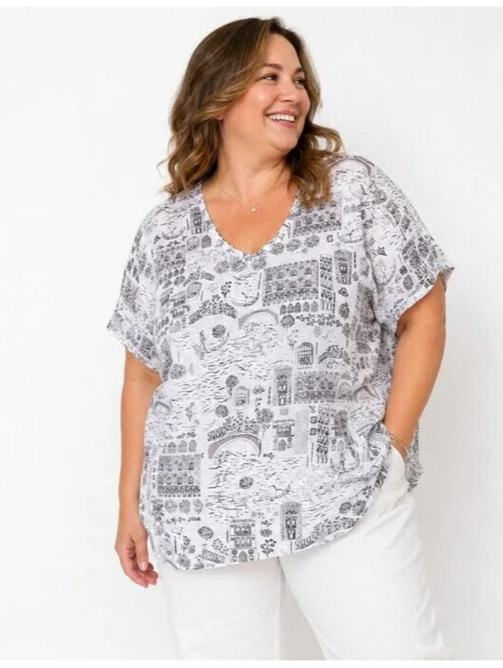 Cynthia O’reilly Size 2 Xl 100% Linen Black-And-White Short Sleeve Top Cityscape
